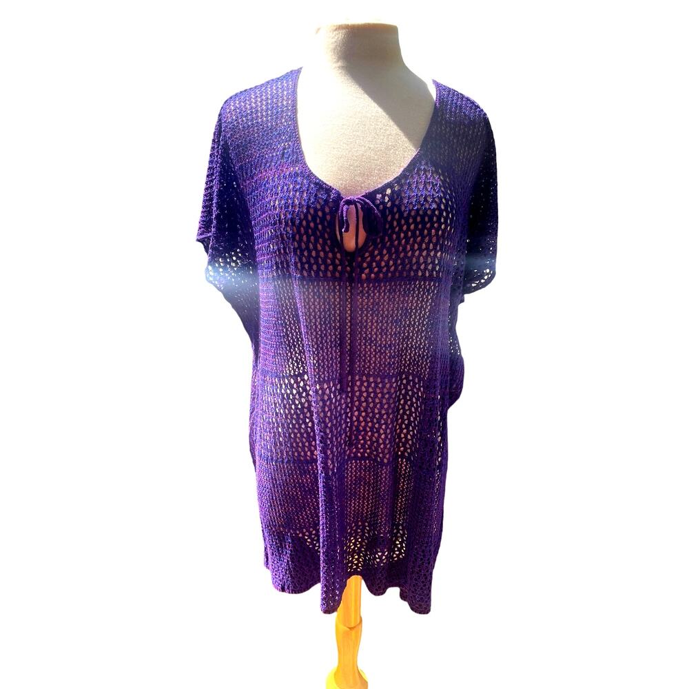 Venus Open Crochet Knit Purple S/M Swim Cover Up Tie Neck Open Sides Beachy Pool